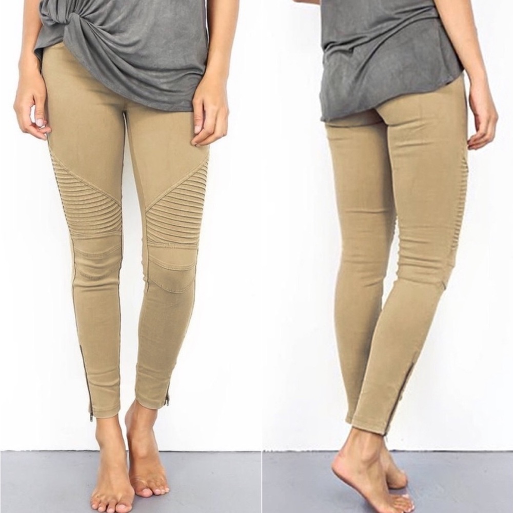 TAN MOTO ANKLE ZIPPER LEGGINGS